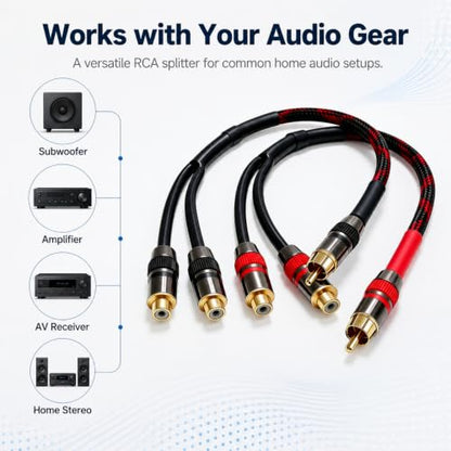 RCA Y Splitter Cable 1ft 2-Pack, 1 Male to 2 Female RCA Splitter, 4N OFC Braided Shield 24K Gold Plated Audio Splitter for Subwoofer Amplifier Home Theater Car Stereo for Pioneer Sony Yamaha
