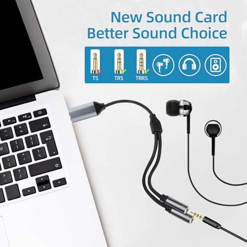 USB to 3.5mm Audio Jack Adapter, TRRS USB to AUX Audio Jack External Stereo Sound Card for Headphone, Speaker, MAC,PS5, PC, Laptop, Desktops...