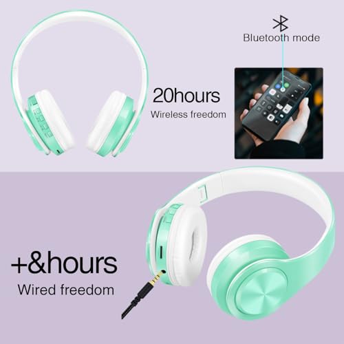 RAT TAIL V5.3 Bluetooth Headphones Over-Ear, Foldable Wireless and Wired Stereo Headset Micro SD/TF, FM for Cell Phone,PC,Soft Earmuffs &Light Weight for Prolonged Wearing (Green) - color: Green
