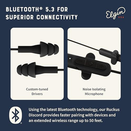 Elgin Ruckus Wireless Bluetooth Earplug Headphones, Ear Plug Earbuds | 25 dB, Noise Cancelling Mic, 12 Hour Battery, IP65 Sweatproof, OSHA Compliant Hearing Protection, Work Safety - color: Stealth Black