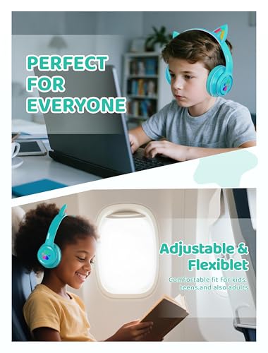 MIDOLA Bluetooth Headphones Wireless Cat Ear 60H/8H with LED Light Mic Cyan | Adjustable Headband Foldable Over-Ear Headset for Kids/Tablet/iPad/Laptop,HD Stereo Sound,Aux Aux 3.5mm - color: Cyan