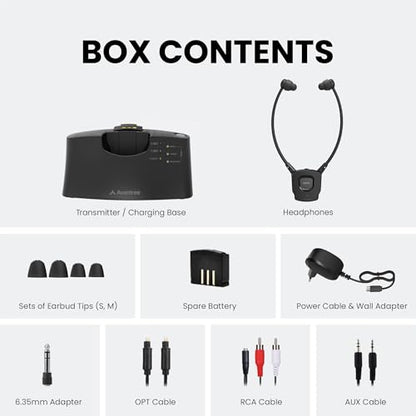 Avantree HT381 - Wireless TV Earbuds with RF Transmitter | TV earbuds with optical and AUX support plus left-right balance and volume.