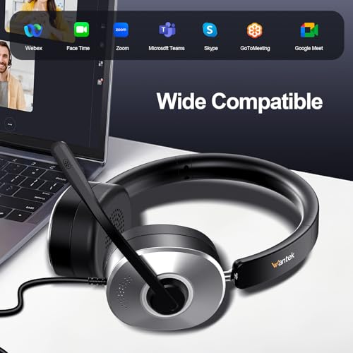 Wantek USB Headset with Microphone for PC, Wired On-Ear | Noise Cancelling Mic, USB/3.5mm/Type-C, Home Office, Work, Call Center, Online Courses, Skype, Zoom（Silver）