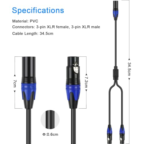 (5 FT- 2 Pack) XLR Splitter Cable, 1 Male to 2 Female XLR Y Splitter Micrphone Cable, 3pin Male to Dual Female Y-Splitter Balanced Mic Audio Cables for Stereo Mic to L & R Audio Track - size: 5 ft-2Pack