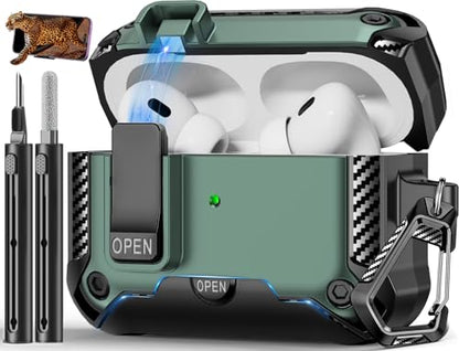 for AirPods Pro 1st/2nd Case with Lock & Phone Stand(Green) | Automatic Snap Switch Lock,Carbon Fiber Texture Design Cover with Cleaner Kit - color: BB-Green