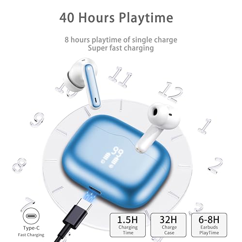 Wireless Earbuds, 2026 Bluetooth 5.4 Ear Buds in Ear with 4 ENC Noise Cancelling Mic, New Wireless Earphones HiFi Stereo Deep Bass 40H Playtime, In-Ear Bluetooth Earbuds LED Display IP7, Lake Blue - color: Lake Blue