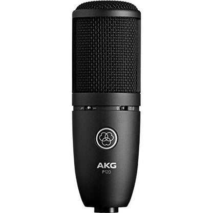 AKG P120 카디오이드 콘덴서 마이크 (블랙) XLR-XLR 케이블, 팝 필터 및 10팩 스트랩 번들 포함
