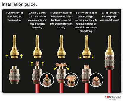 Nakamichi FanLock Excel Series 24k Gold Plated Banana Plugs, 10-18 AWG | Gauge Size 4mm for Speakers Amplifier Hi-Fi Stereo Radio AV Receiver Audio Wire Cable Quick Connector, 2 Pcs (1-Pair) - size: 2 Pcs (1-Pair)