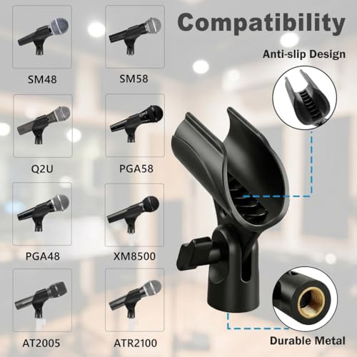Upgraded Adjustable Microphone Clip, Universal Mic Clip Holder for Mic Stand, Compatible with Dynamic Microphone, Come with 5/8" to 3/8" Screw Adapter