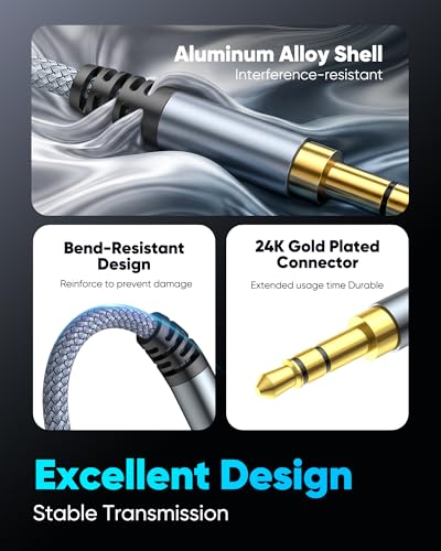 Highwings Aux Cable, 3.5mm Audio Cable [3.33ft/1m,Hi-Fi Sound] Stereo Nylon Braided Aux Cord Male to Male for Headphones, Cars, iPhone, iPad, iPod, Speakers, Home Stereos More - Grey | 3.5mm Audio Cable Sound Quality Stereo Nylon Braided Aux to Aux Cable