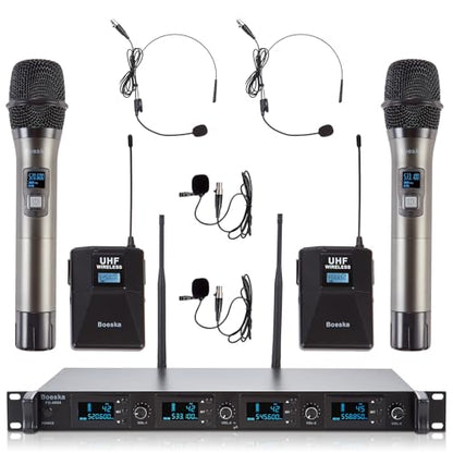 4 Channel Wireless Microphone System UHF 2 Cordless Handheld Mics and 2 Lavalier Headset Mics for Karaoke Church Speaking Conference Meeting Party, 4x25 Adjustable Frequency (2 Handheld + 2 Bodypack) - size: 2 Handheld + 2 Bodypack