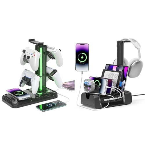 KDD Headphone Controller Stand with Wireless Charging & 6 in 1 Charging Dock with Headphone Stand and Watch Holder