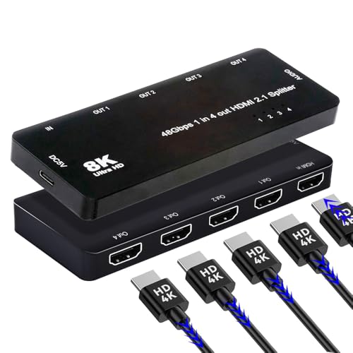 Xiwai HDMI Splitter 1-IN-4-OUT 8K 60hz Ultra-HD Converter Box Compatible 2.1 Switch 48Gbps UHD Hub Support Mirror HDCP SST Extended 4K@120hz 3.5mm Audio - style: HDMI Switch 2.1 (1 to 4 )with Cable
