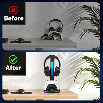 PS5 Controller Charger with RGB Headphone Stand, PS5 Controller Charging Station with 2 USB Port, Headset and Controllers Stand Holder for PlayStation 5, Gaming Gifts for Gamers Men - size: Dual Charger for PS5