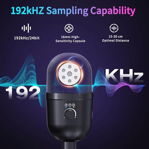 USB Gaming Condenser Microphone for PC/Desktop,192kHz/24Bit,Noise Cancellation,Monitoring,Quick Mute & RGB Lighting,USB PC Mic for Laptop,Podcast,Streaming,Recording Black