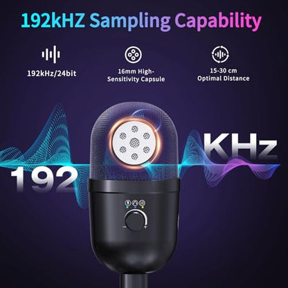 USB Gaming Condenser Microphone for PC/Desktop,192kHz/24Bit,Noise Cancellation,Monitoring,Quick Mute & RGB Lighting,USB PC Mic for Laptop,Podcast,Streaming,Recording Black