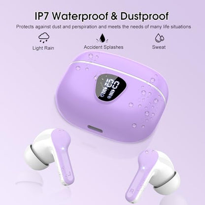 Wireless Earbuds, Bluetooth 5.4 Headphones HiFi Stereo, Bluetooth Earbuds | With ENC Noise Cancelling Mic,IP7 Waterproof in Ear Earphones,48H, LED Display Ear buds for Pad Phones Workout Sports, Purple - color: Purple