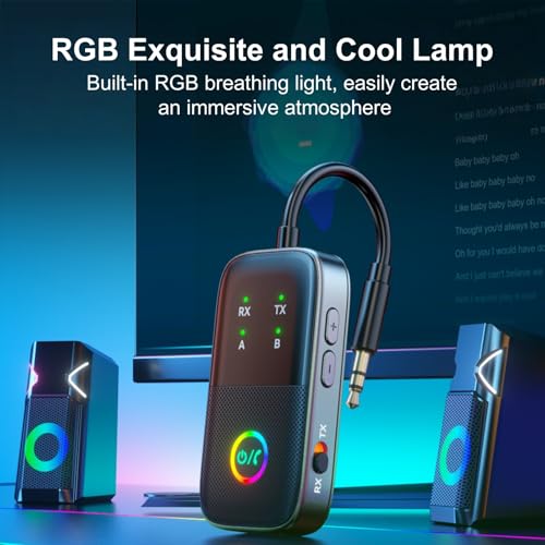2025 Premium 3 in 1 Bluetooth Audio Transmitter Receiver with aptX Adaptive for up to 2 AirPods or Bluetooth Headphones, Wireless Audio Adapter Supports Any 3.5mm Jack on Airplane, Gym, TV, Car, Home