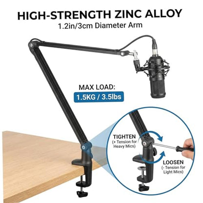 Professional Mic Arm Desk Mount Heavy Duty All Metal Microphone Boom Arm with Hidden Cable Management 360° Adjustable Mic Stand for Studio Recording Streaming