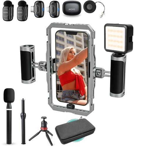 Movo iFilmer-PRO Smartphone Video Rig Kit – Stabilizer Cage with Dual Grips, Wireless Lavalier Microphones & Tripod for iPhone/Android
