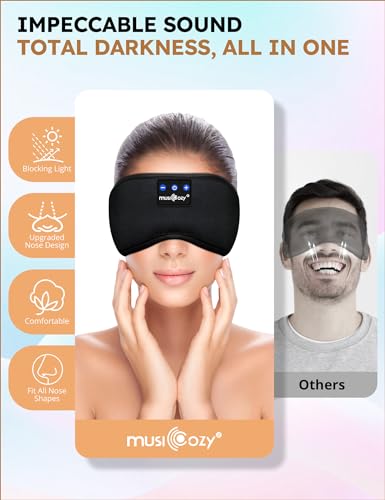 MUSICOZY Sleep Headphones Bluetooth 5.4 Sleep Eye Mask with HD Speakers | Soft Cotton Fabric, Flat Design, 14 Hours Playtime, Washable Headband Style for Side Sleepers, Travel Meditation Relaxation - color: Dark Black
