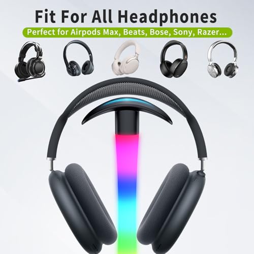 Headphone Stand with Charger,Gaming Headset stand with RGB Light Mode,For Airpod Max Stand,Desk Lamp,Phone Holder,Tablet Holder,desktop organizer,Gifts for Gamers & Music Lover(Black) - color: Black