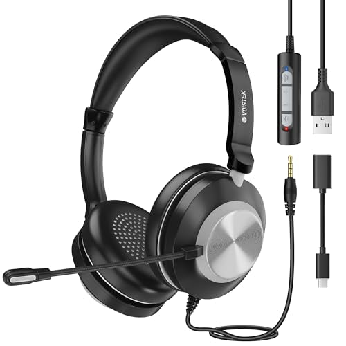 Voistek USB Headset with Microphone for PC/Laptop, Stereo Headphones with Noise Cancelling Mic, Wired On Ear Headphones with in-Line Volume Control for Work, Office, Teams, Zoom, Skype, Online Class