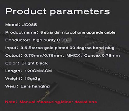 JCALLY Headphone Cable, Replacement wire Oxygen-Free Copper Upgrade 5N OFC Headphone Wire 8 Shares 0.78mm 2pin connector Earphone 3.5mm Wire with Microphone iem cable with microphone (Black 0.78mm) - size: Black 0.78mm