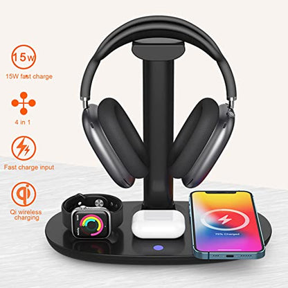 Headphone Stand Charger 4 in 1 Headphone Charging Hanger, Headset Holder and Station Dock for Smartphones, 15W Stable Desktop Gaming Headset Holder Charger