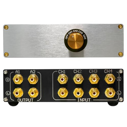Hi-Fi Passive RCA Stereo Audio Switch Box 4 in 2 Out with Gold Jacks | Connect 4 devices IN to 2 OUT. Gold-plated jacks for pure sound. Solid aluminum case, no power supply. Perfect for Hi-Fi.