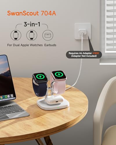 3 in 1 Dual Watch Wireless Charger Stand for Apple Watch Ultra/11 & AirPods | Dual magnetic watch charging, 5W Fast watch charge, Ergonomic design, Chrome plated plastic stand, Multi safety guard, 704A - color: White & Silver