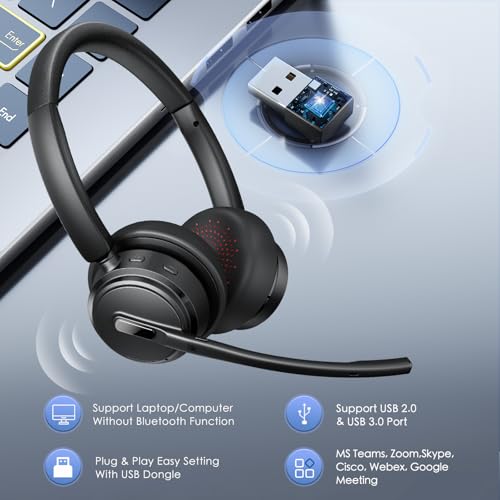 Mopchnic Bluetooth Headset with Microphone, Wireless Office Headset, ENC Noise Cancelling, USB Dongle, Charging Base, One-Tap Mute, 50H Talk Time for Zoom Teams, Call Center, Online Class