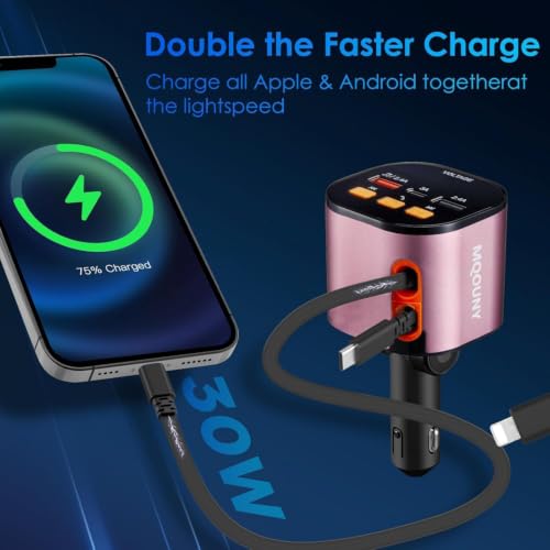 Retractable Car Charger,5 in 1 Fast Car Phone Charger 90W,Bluetooth 5.3 FM Transmitter Adapter,Handsfree Call,2 Retractable Cables and USB Cars Chargers for iPhone 17/16/15/14/13/Galaxy/Pixel - color: Pink