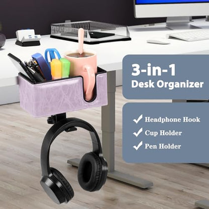 Under Desk Cup Holder Clamp on Cup Holder PU Leather Clip on Desk Organizer | Desk organizer with pencil holder clamp on side, under desk hanging organizer, clip on cup holder desk phone stand holder PU - color: Violet