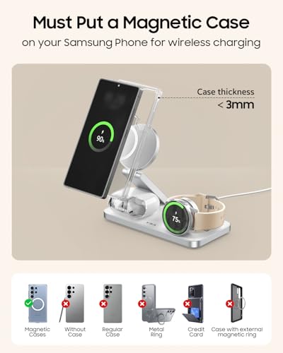3 in 1 Foldable Magnetic Wireless Charging Station for Samsung, Wireless Charger Stand for Galaxy S26 Ultra S25/S24 /Note 20/Flip 7/Fold 7, for Galaxy Watch Ultra/8/7/6,Galaxy Buds 3/3 Pro - color: White