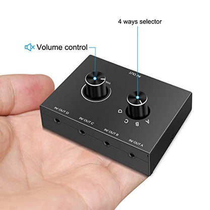 4 Port Audio Switch, 3.5mm Stereo AUX Selector, 4 Input 1 Output / 1 Input 4 Output Splitter, Switcher Box With 4 Channel Switch Knob, No External Power Required