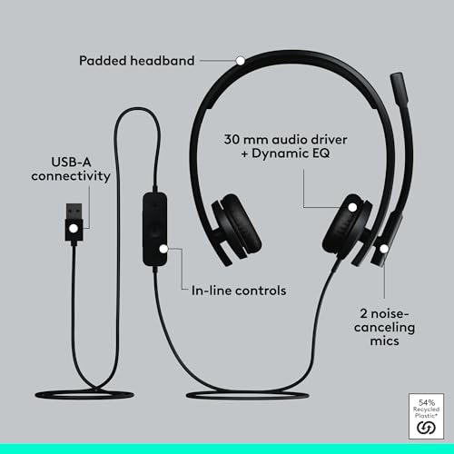 Logitech H570e USB-A Wired Headset with Microphone PC and Mac - Black | For PC and Mac, USB-A wired, inline controls, certified for Microsoft Teams - size: Teams, style: Stereo