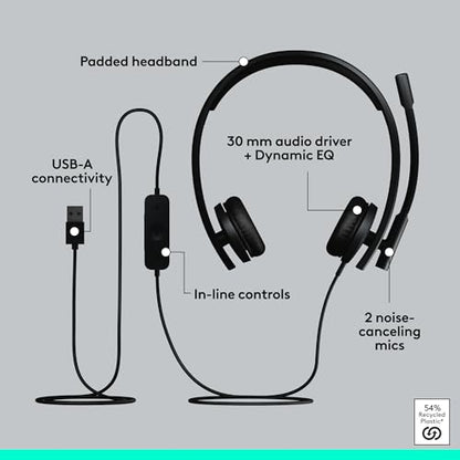 Logitech H570e USB-A Wired Headset with Microphone PC and Mac - Black | For PC and Mac, USB-A wired, inline controls, certified for Microsoft Teams - size: Teams, style: Stereo