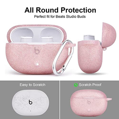 AIRSPO Silicone Case Compatible with Beats Studio Buds Case 2021 Soft Protective Cover for Beats Wireless Earbuds with Keychain (Glittery Rose Gold) - color: Glittery Rose Gold