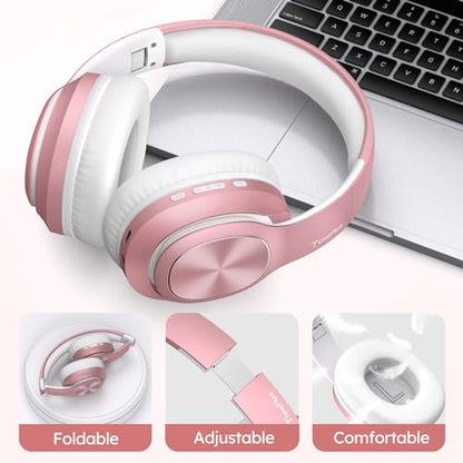 TuneFlux Wireless Bluetooth Headphones Over Ear, 80H Playtime, 3EQ Sound Modes, HiFi Stereo Headphones with Deep Bass, Foldable Bluetooth 5.3 Headsets for Smartphone/PC/Computer-Rose Gold - color: Rose Gold