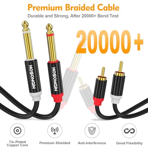 HOSONGIN RCA to 1/4" Cable 25 Feet, Dual 1/4 inch TS to Dual RCA Gold Plated Heavy Duty Stereo Audio Interconnect Cable for Amplifiers, Speakers, AV Receivers | Oxygen-Free Copper, Tangle-Free Design - size: 25 Feet