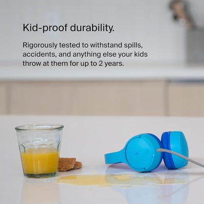 Belkin SoundForm Mini Wired Kids Headphones, On Ear, 3.5mm | Toddler headphones, built-in mic, 85dB safe volume limit, durable design, online learning, classroom, travel - color: Blue, style: Wired
