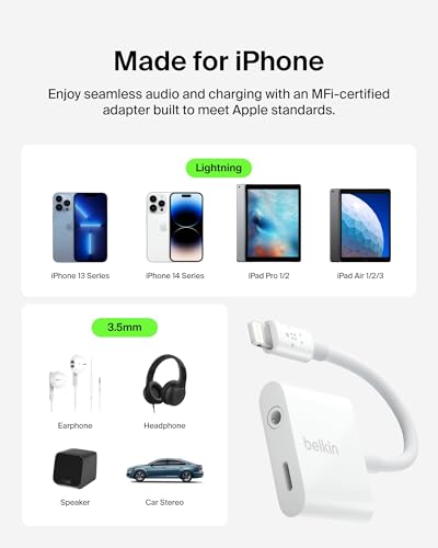 Belkin RockStar 3.5mm Audio + Charge Adapter, 4in, White | Headphone jack plus Lightning charging pass-through, MFi certified, compatible with iPhone, compact travel adapter - color: White, size: Lightning, style: 3.5MM AUX Audio + LGT Charge