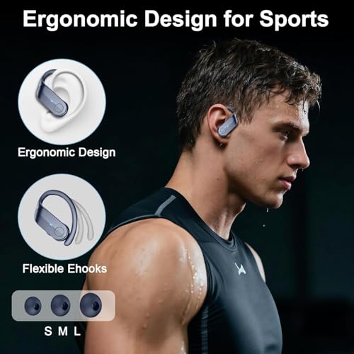 Wireless Earbuds, Sports Bluetooth 5.4 Headphones IPX8 Waterproof, 70H Over Ear Buds with Deep Bass Sound,4 ENC Noise Cancelling Mics, USB-C Fast Charging Earphones with Earhooks for Workout/Running - color: Deep Blue