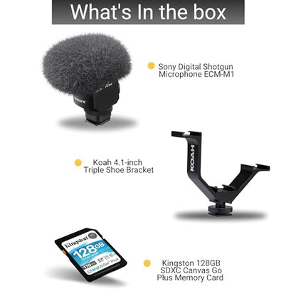 Sony ECM-M1 Shotgun Microphone Bundle | Triple Shoe Bracket, 64GB Memory Card, For Crystal Clear Audio Recording, Professional Digital Camera Mic, (3 items)
