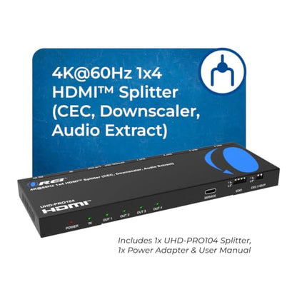 OREI 1x4 HDMI Splitter 4K 60Hz with Audio Extractor – HDMI 2.0b Splitter 1 in 4 Out with 4K to 1080p Downscaling, HDR10+, Dolby Vision, HDCP 2.3, Optical & 3.5mm Audio Out | OREI 1x4 HDMI Splitter 4K@60Hz & Audio Extractor With Downscaling, HDR10+, Dolby