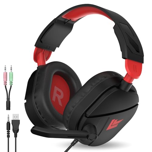 QXQ Wired Gaming Headset for PS5/PS4/PC/Switch - 3.5mm Over-Ear Headphones with Noise-Canceling Mic - RGB LED Light - Deep Bass Stereo Surround Sound - Soft Memory Foam Earpads (Black-Red) - color: Black-red