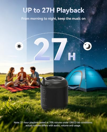 ORICO Portable Bluetooth Speaker, 27H Playtime, IPX5, Wireless, Small | Bluetooth 6.0, TWS Pairing, HiFi Sound, Beach Essentials for Home, Outdoor, Camping and Travel, Black - BG01