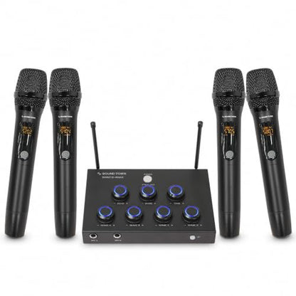 Sound Town 32-Channel Wireless Microphone Karaoke Mixer with 4 Rechargeable Metal Mics, Optical (Toslink), AUX for Smart TVs, Soundbars & Home Receivers, Tablet, PC (SWM15-4MAX) - color: Gloss Black