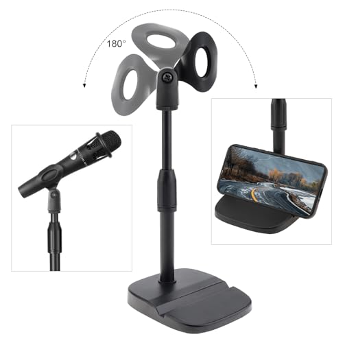 RTNLIT Desktop Mic Stand with Phone Holder, 5/8" to 3/8" Screw Adapter | Adjustable Desk Microphone Stand with Mic Clip, Max 1.7 inch Diameter Microphone, Weighted Base, Height 9.8" to 13.4